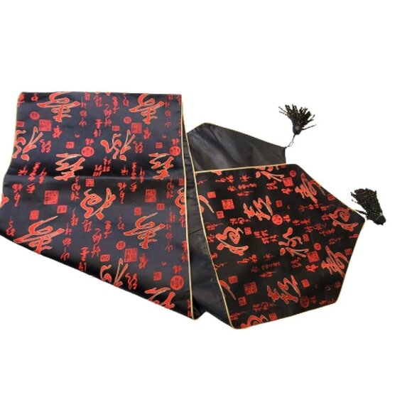 Red and Black Chinese Characters Print Rectangular Table Runner - Picture 2 of 4